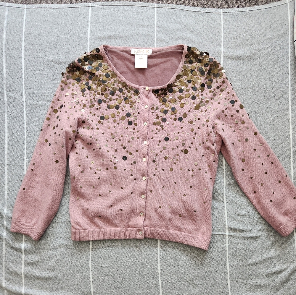 La Rok metallic sequin mauve cashmere cropped cardigan size S/M